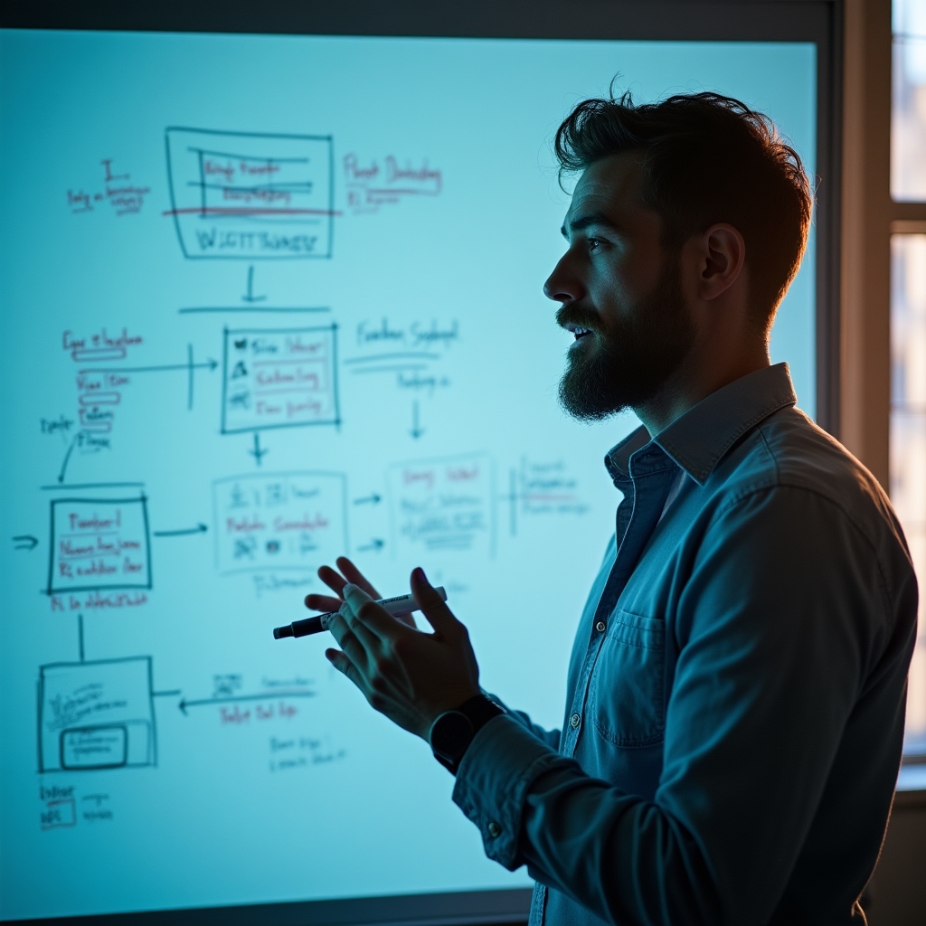 Consultor tomando notas frente a un diagrama de flujo de procesos dibujado en una pizarra