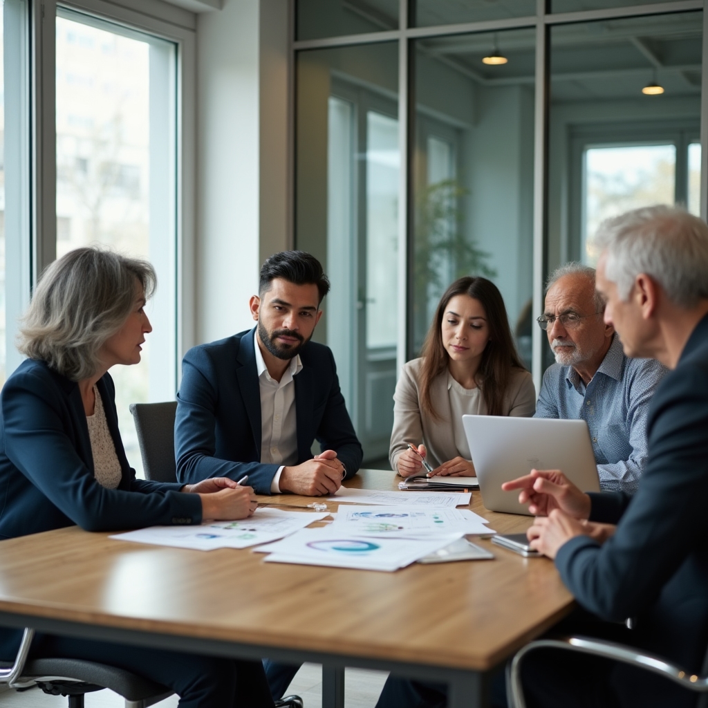 Equipo de consultores y representantes de una empresa familiar analizando documentos en una reunión de trabajo