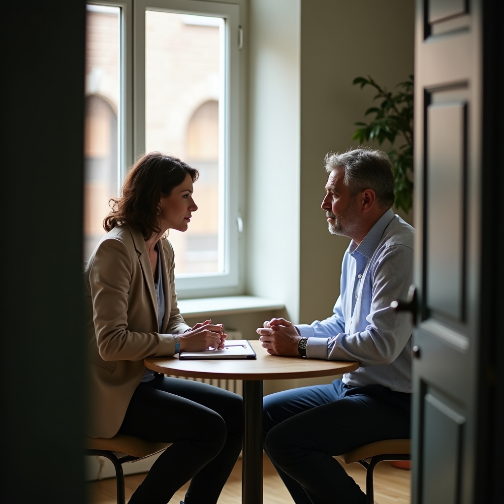 Consultora conversando con un empresario en una sesión de diagnóstico inicial dentro de una oficina luminosa